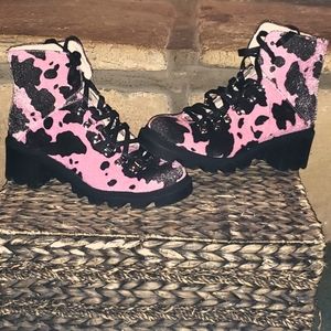 Mata Shoes pink cow print combat boots